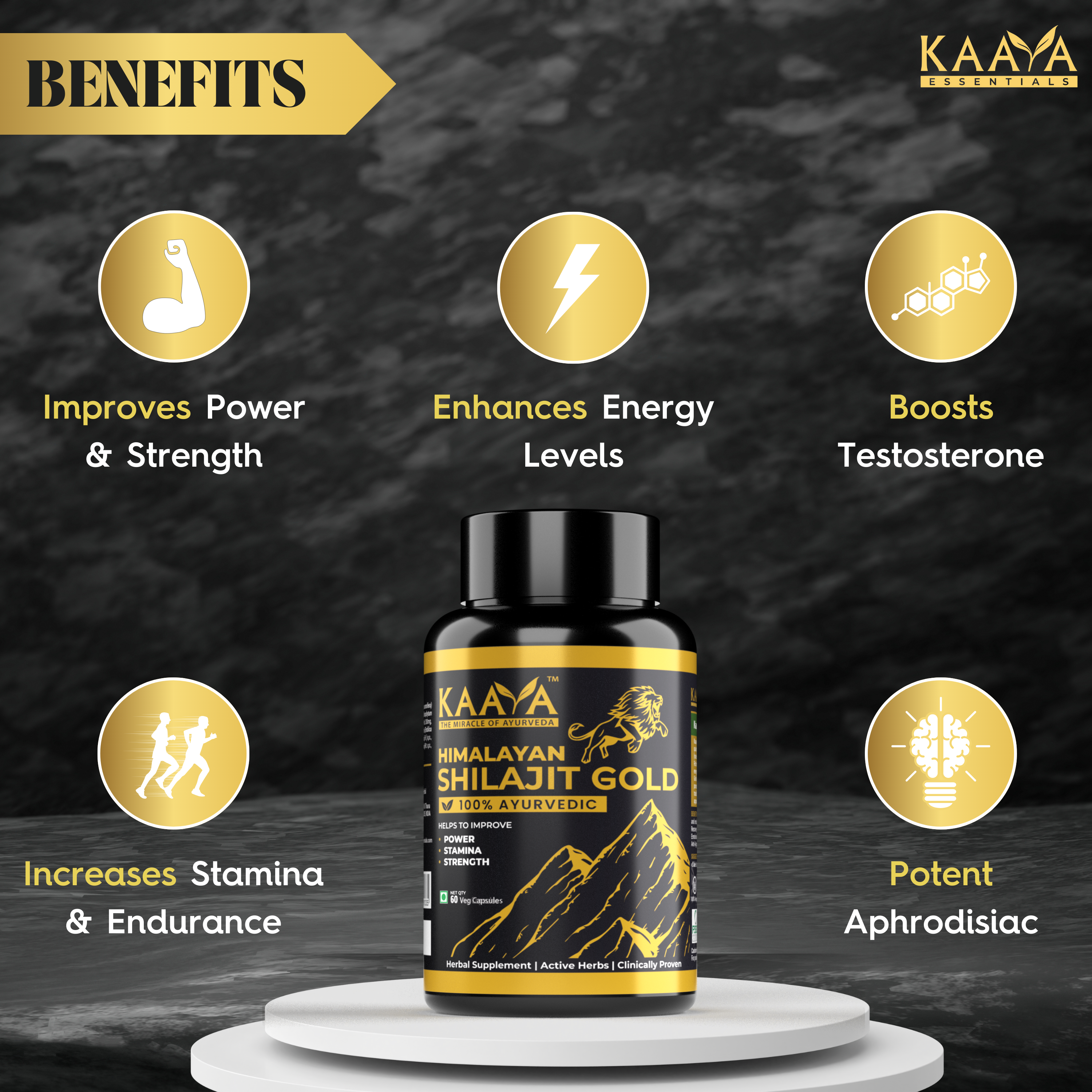 Himalayan Shilajit Gold with Swarna Bhasma & Ashwagandha for Extra Strength, Stamina, Improves Endurance & Builds Muscle Mass (60 Capsules)